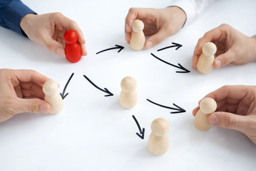 Figurines représentant des rôles au sein d’une organisation avec des flèches illustrant les interactions et flux de travail
