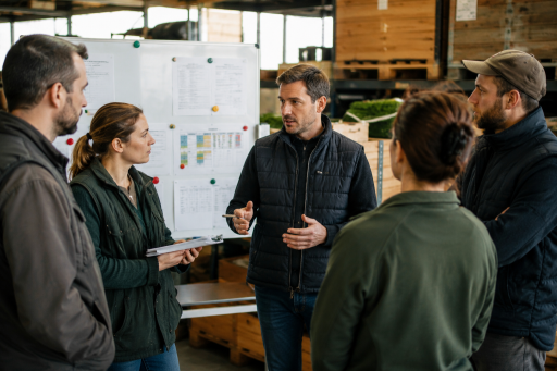 Échange entre responsables et collaborateurs dans un environnement logistique et opérationnel autour de l’organisation du travail et du pilotage des activités.