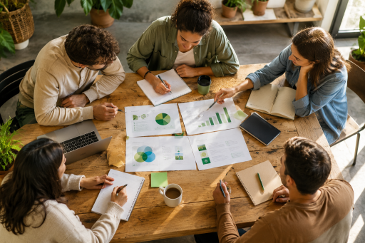 Équipe de travail réunie autour d’une table pour échanger sur la stratégie, l’organisation et le développement d’une entreprise.