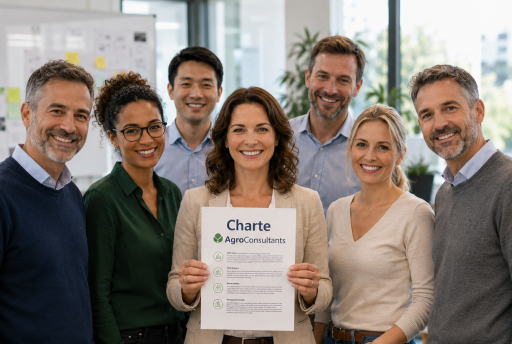 Groupe de consultants réunis dans un bureau moderne présentant la charte AgroConsultants dans une ambiance collaborative et conviviale.