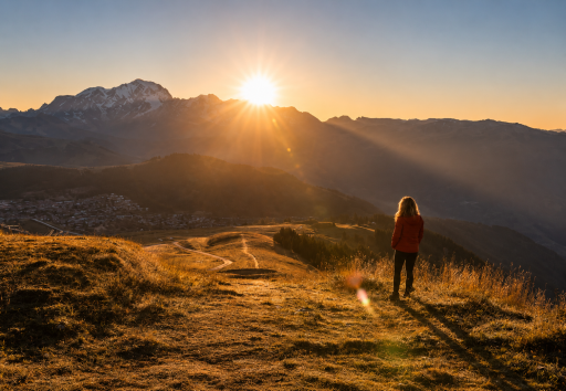 Personne contemplant un paysage de montagne au lever du soleil depuis un sentier en altitude.