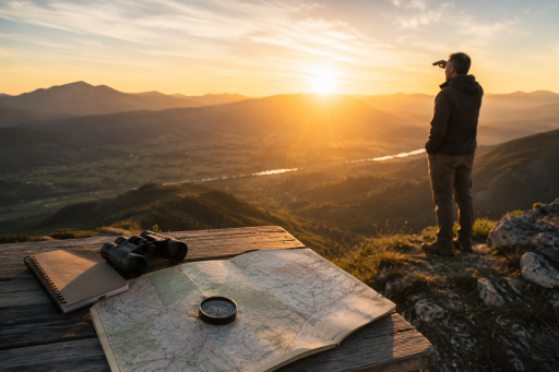 Paysage de montagne au lever du soleil avec une personne observant l’horizon à côté d’une carte et d’outils d’orientation.