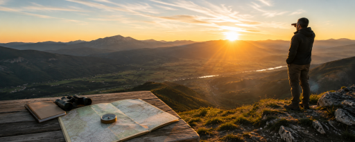 Paysage de montagne au lever du soleil avec une personne observant l’horizon à côté d’une carte et d’outils d’orientation.