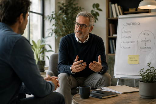 Coach professionnel senior échangeant avec un collaborateur dans un espace de travail calme et lumineux.