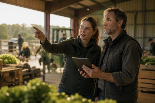 Deux professionnels échangent dans un environnement de production agricole et logistique en observant les opérations sur le terrain.