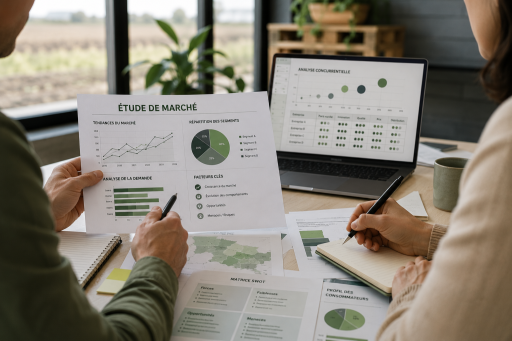 Professionnels analysant des données, graphiques et documents d’étude de marché dans un environnement de travail lumineux.