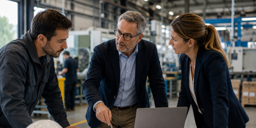 Équipe échangeant autour de plans et d’un ordinateur dans un environnement industriel et opérationnel.
