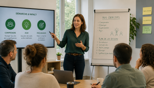 Animatrice présentant un atelier de formation interactif devant un groupe de participants dans une salle lumineuse.
