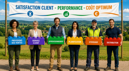Professionnels aux profils variés tenant des briques symbolisant les différentes étapes de la chaîne logistique dans un paysage rural.