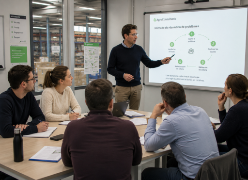 Une session de formation réunissant des collaborateurs autour d'un support de présentation dans un environnement industriel.