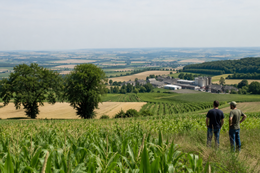 Paysage agricole associant cultures et exploitations, observé par deux professionnels au cœur d’un territoire rural.
