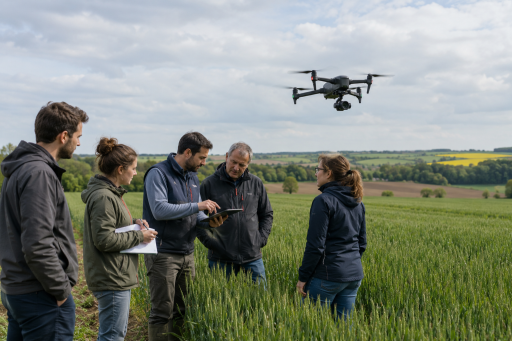 Groupe de professionnels dans une parcelle agricole utilisant un drone et des outils numériques pour suivre un projet innovant.